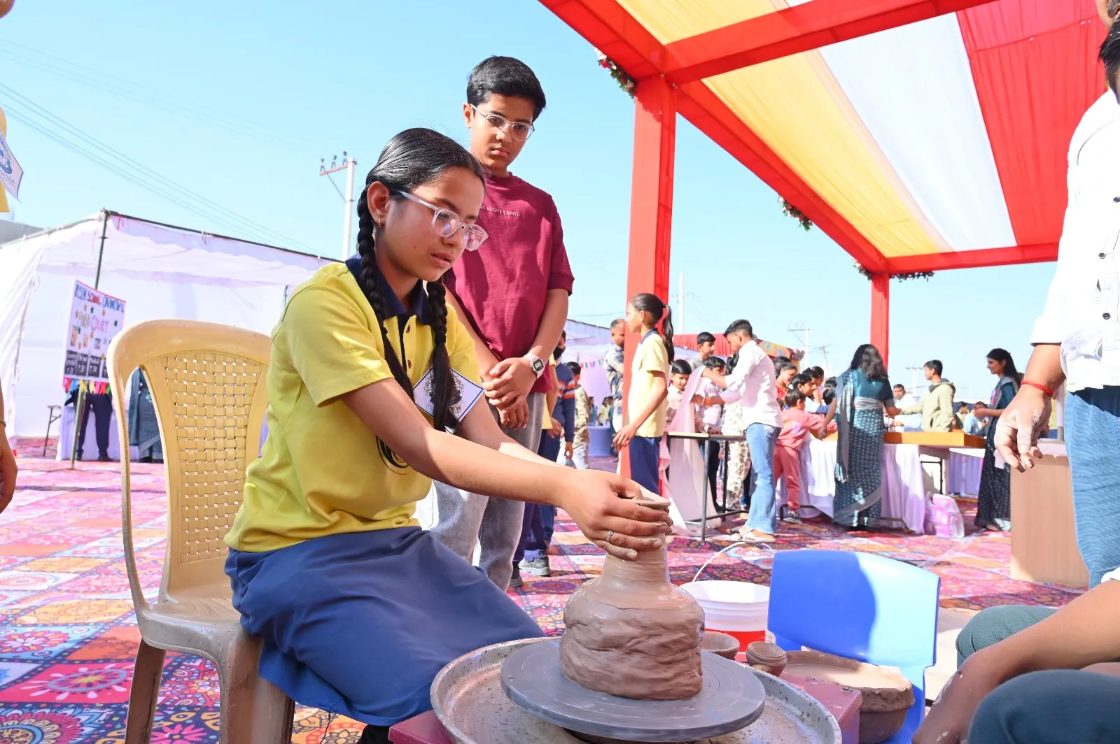 Students exploring pottery and clay art activities during JOSH 2.0 experiential learning event at Rysen School Virat Nagar.