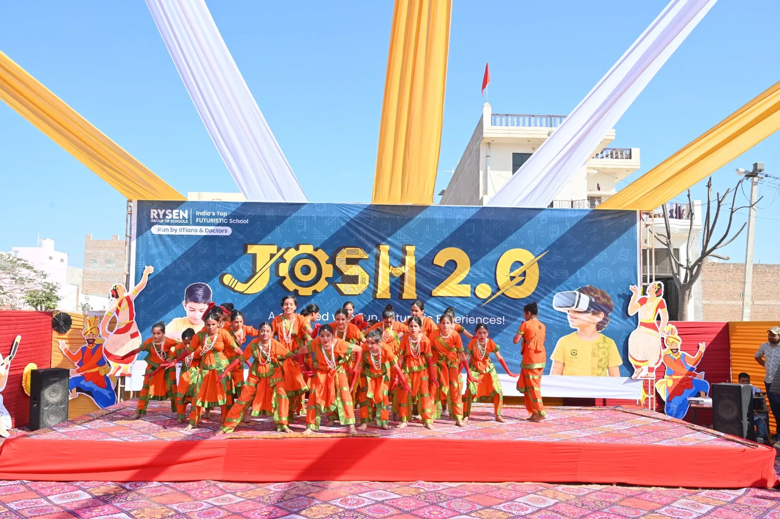 Students participating in stage performances and cultural activities during JOSH 2.0 at Rysen School Virat Nagar Bikaner.