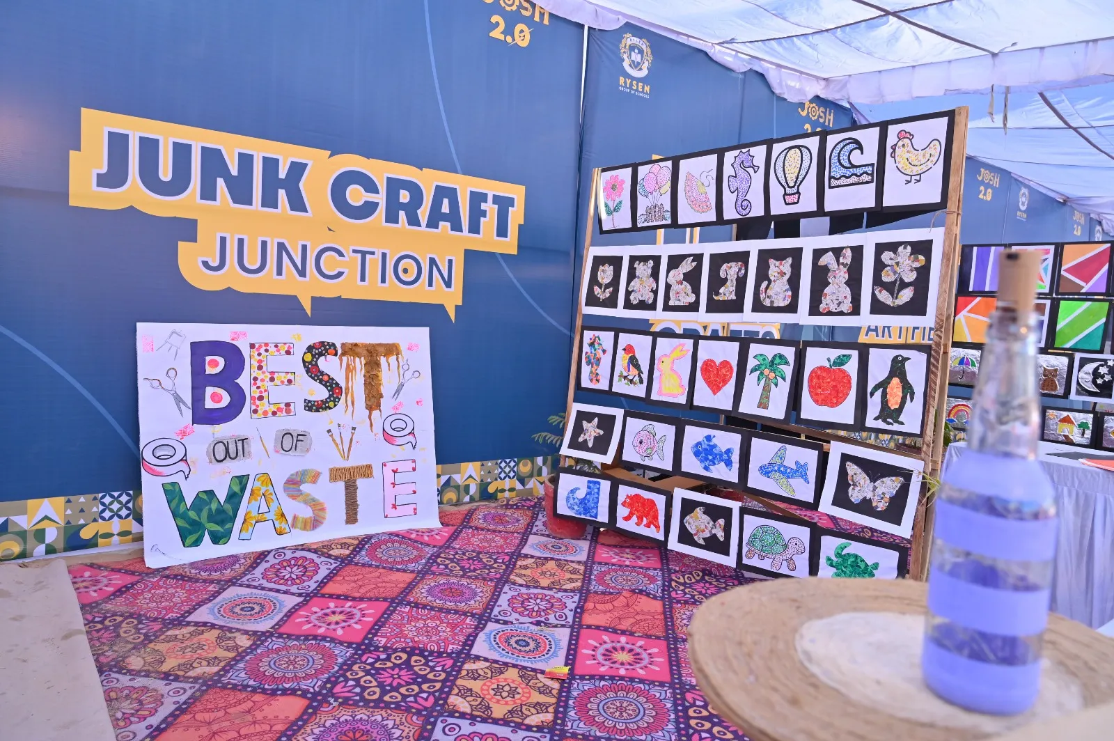 Junk craft and sustainable creativity projects by students during JOSH 2.0 innovation event at Rysen School Bikaner.