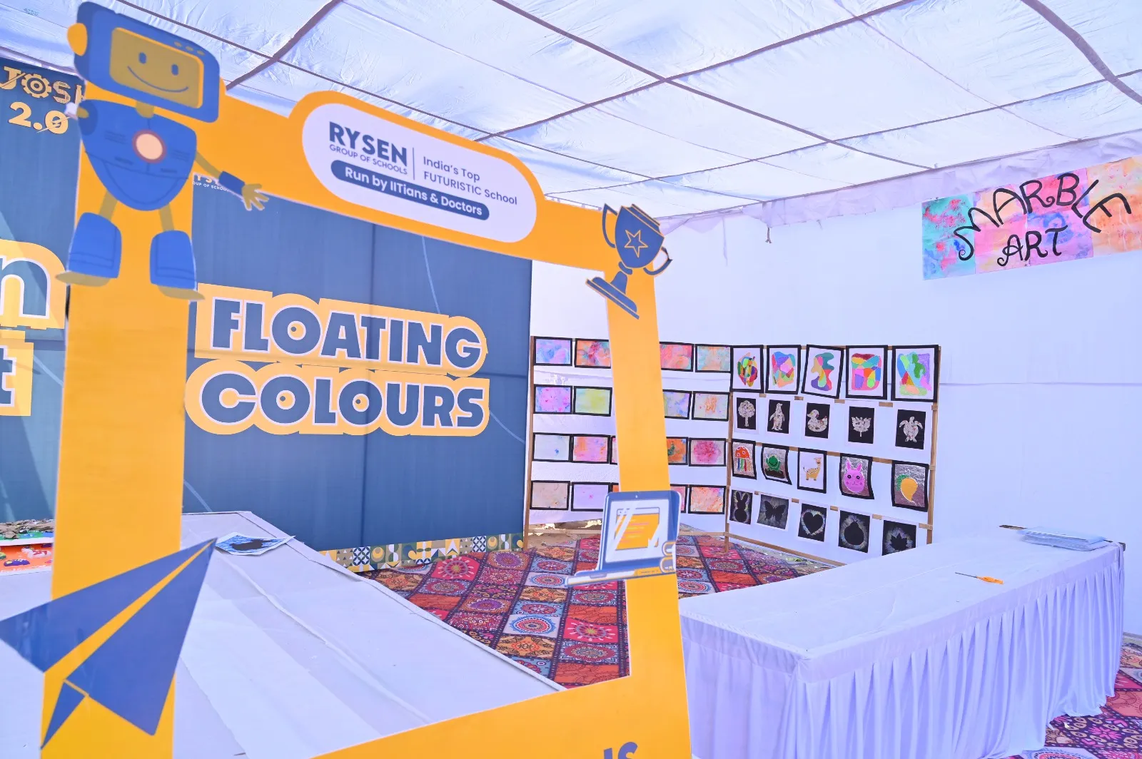 Interactive floating colours activity for students during JOSH 2.0 innovation fair at Rysen School Virat Nagar Bikaner.