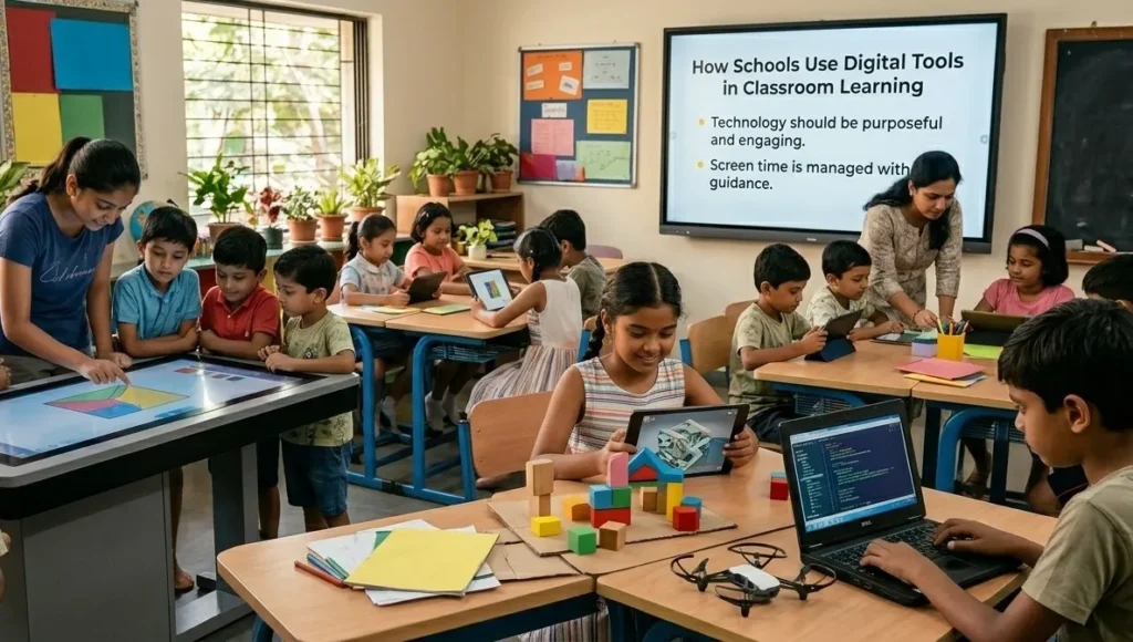 Indian school students using laptops, tablets, and smartboards to learn, showing the active role of technology in education.