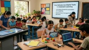 Indian school students using laptops, tablets, and smartboards to learn, showing the active role of technology in education.