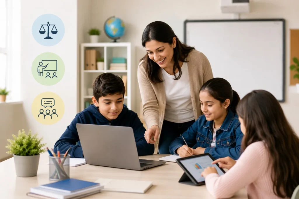 Teacher assisting students using laptops and tablets in a modern classroom, demonstrating a balanced approach to digital learning in schools where technology supports teaching, collaboration, communication, and critical-thinking skills.