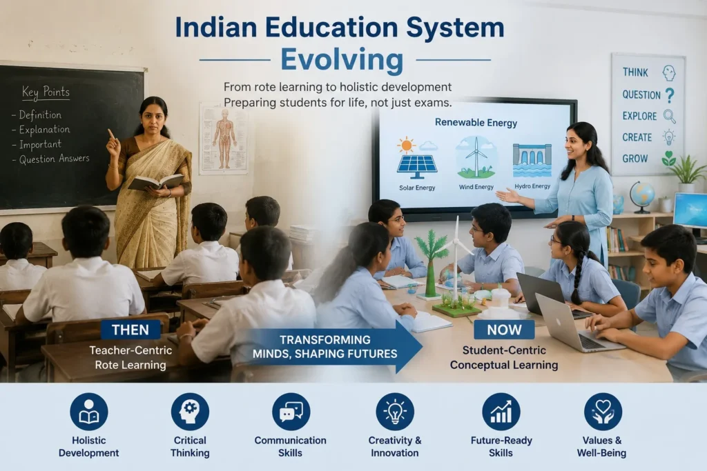 Comparison of the traditional and modern Indian Education System showing the shift from rote learning to student-centred education focused on conceptual learning, creativity, communication, and future-ready skills.
