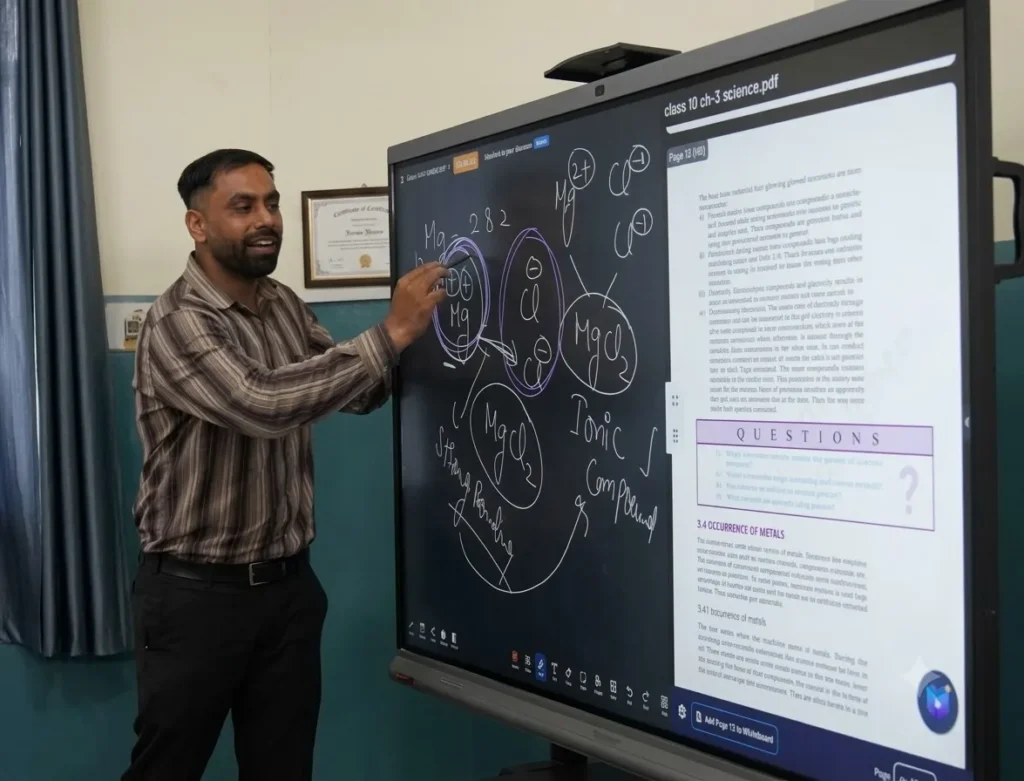 Teacher explaining science lesson on digital board importance of teachers in education