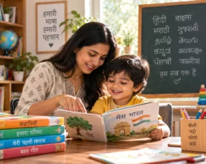 Mother and child reading a Hindi book together while learning about Indian languages and early childhood education.