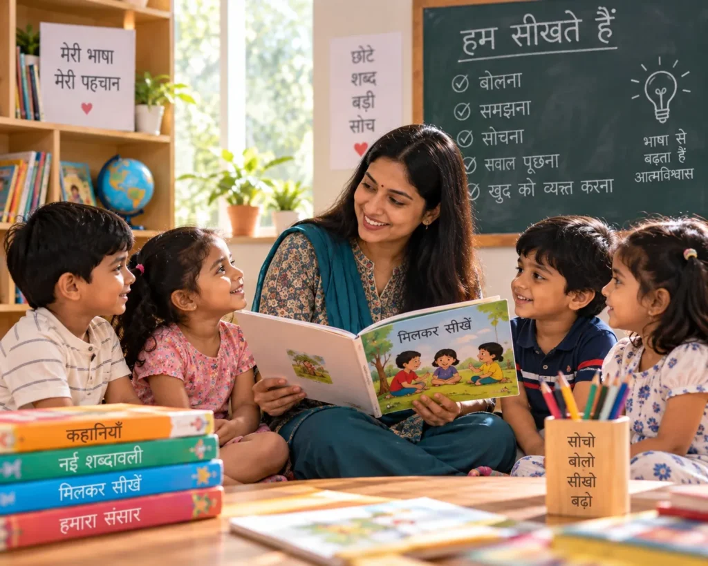 Children learning Hindi through storytelling with a teacher, showing the benefits of learning in the mother tongue during early childhood.