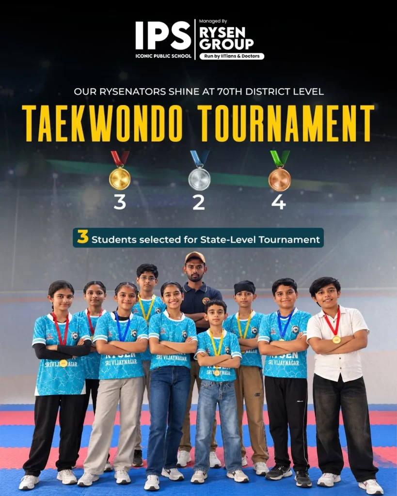 Group of Rysen School students from Sri Vijaynagar with their coach, proudly displaying medals after winning 3 Gold, 2 Silver, and 4 Bronze at the 70th District Level Taekwondo Tournament. Three students selected for state‑level competition.