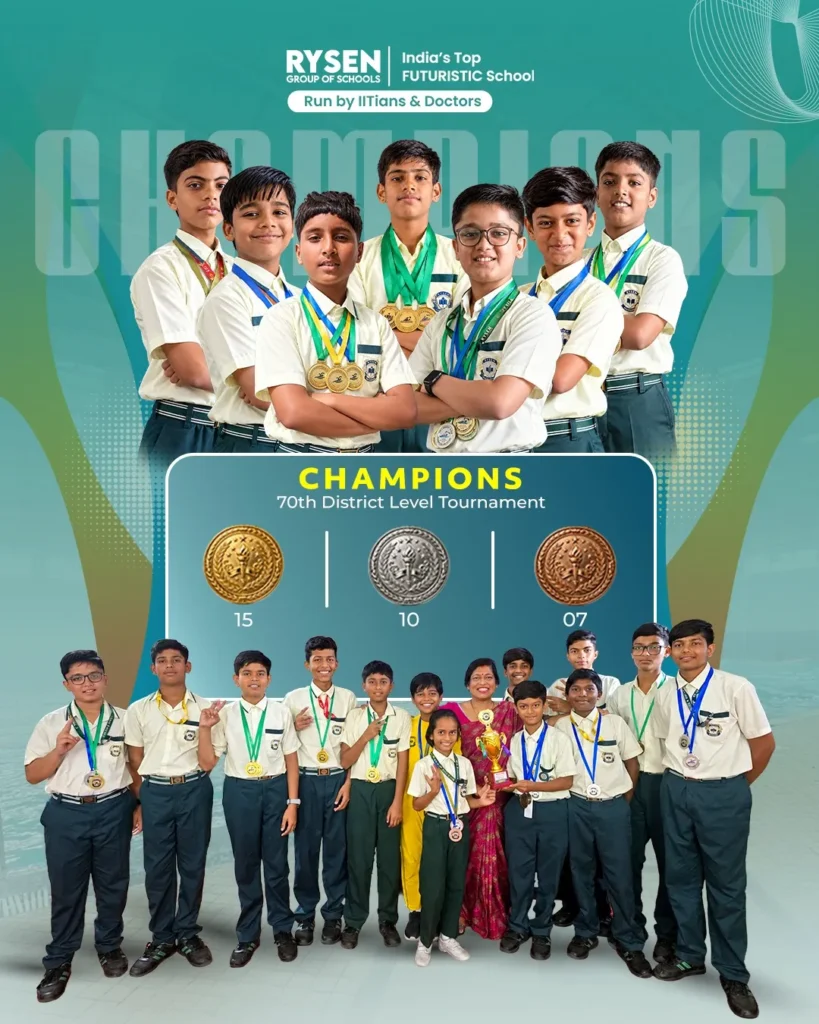 Rysen School Nimbahera students celebrate victory at the 70th District Level Swimming Tournament, winning 32 medals - 15 Gold, 10 Silver, and 7 Bronze - across U‑14, U‑17, and U‑19 categories